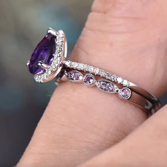 NEW 14k White Gold Amethyst Diamond Ring Pear Cut Ring Set of 2 - Picture 5 of 5